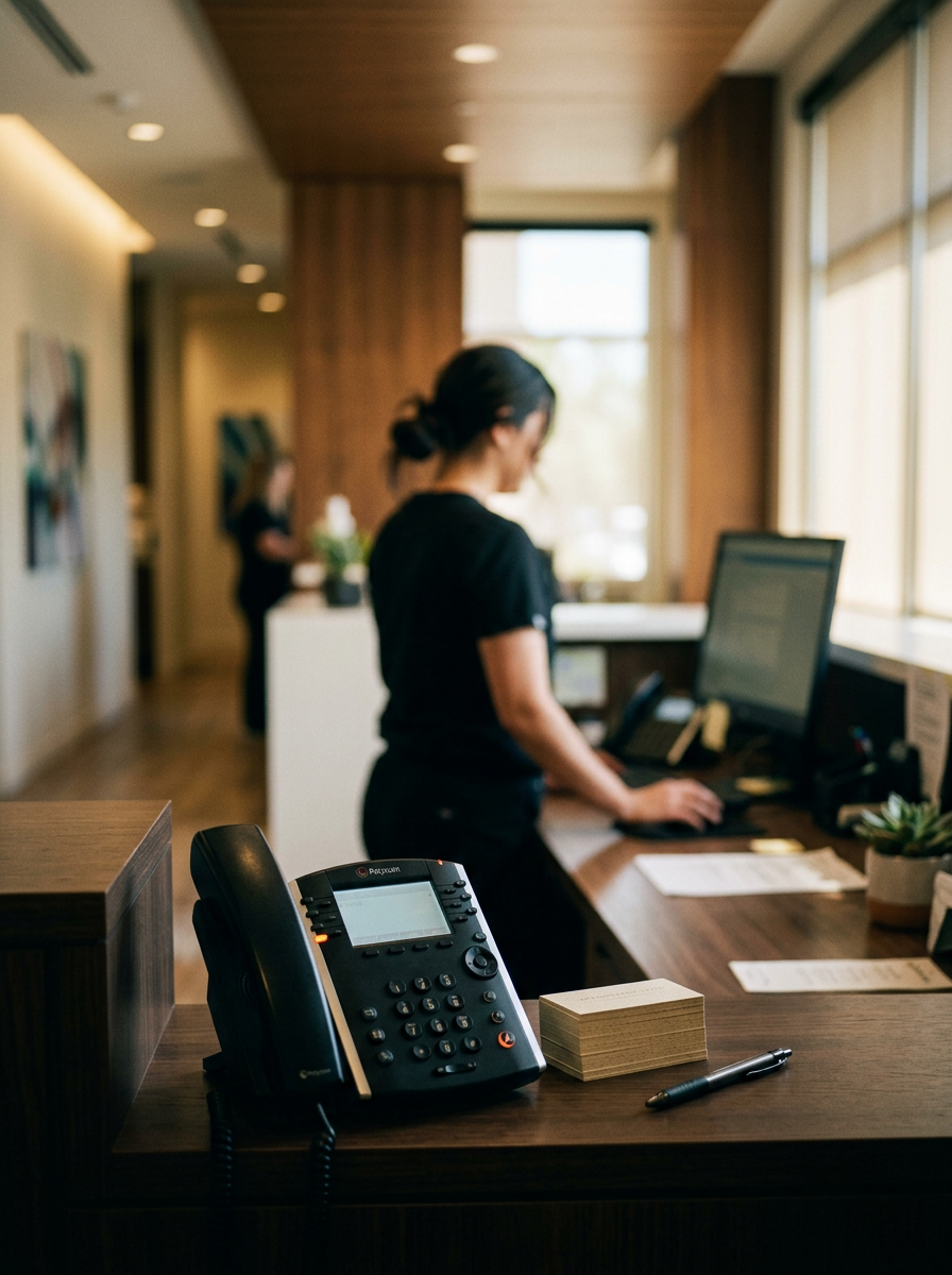 Front desk with a phone on hold